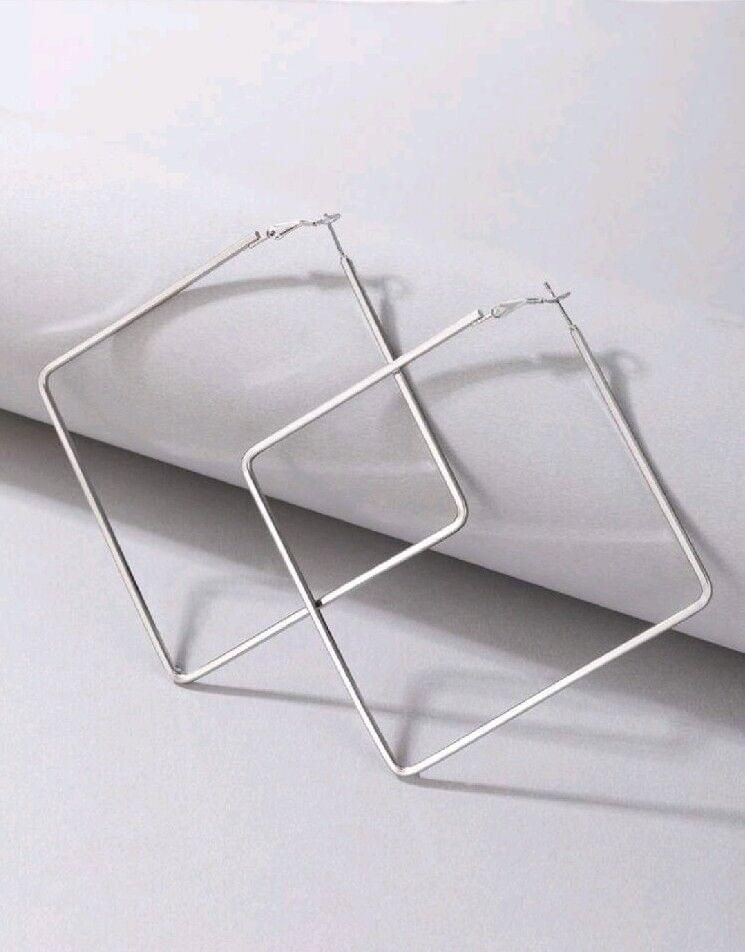 NEW Silver Metal Boho Geometric Square Hoop Statement Fashion Earrings Large