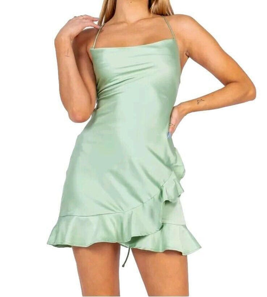 Princess Polly Darian Open Back Sage Green Ruffle Mini Dress SZ 4 Side Zip