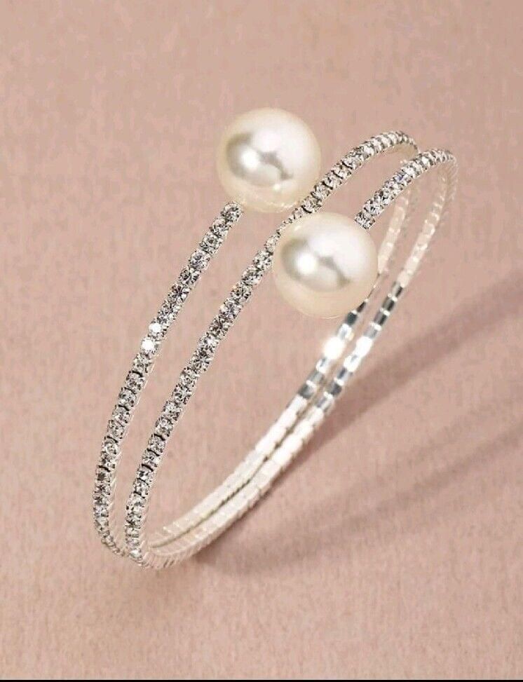 Faux Silver Pearl Rhinestone Designer Inspired Stretchable Bracelet