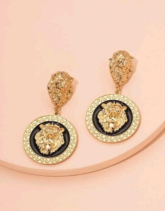 Gold Lion Design Round Drop Earrings,Glamorous Earrings, Fashion Luxury