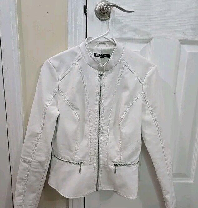 Baccini Faux leather Motto Jacket Lined Size SMALL Full Zip Off White