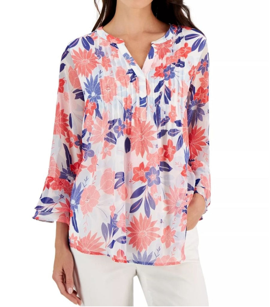 Women's Charter Club Blouse - Small - White & Blue Floral Pleated MSRP $69.50