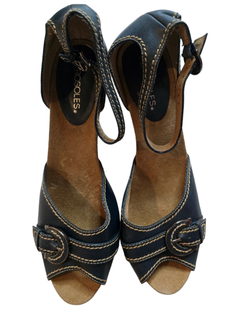 Women Aerosoles Leather Wood Leather Sandals 9.5 Navy Blue Buckle Ankle Strap