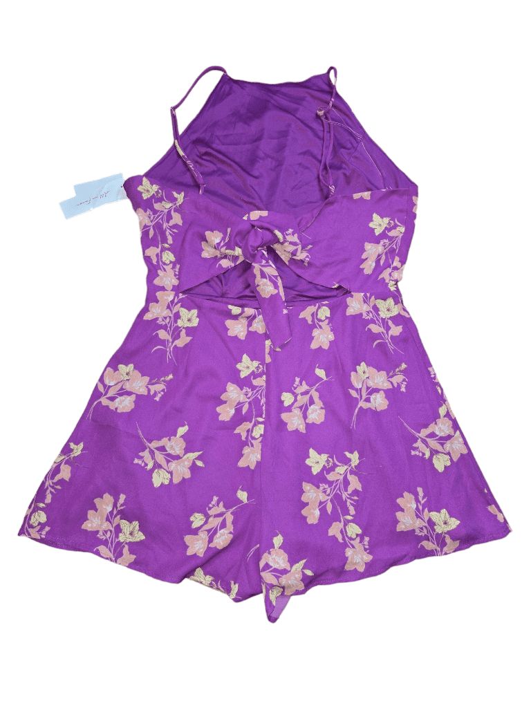 Women's All in Favor Purple Floral Romper Size L Open Bow Tie Back MSRP $$49