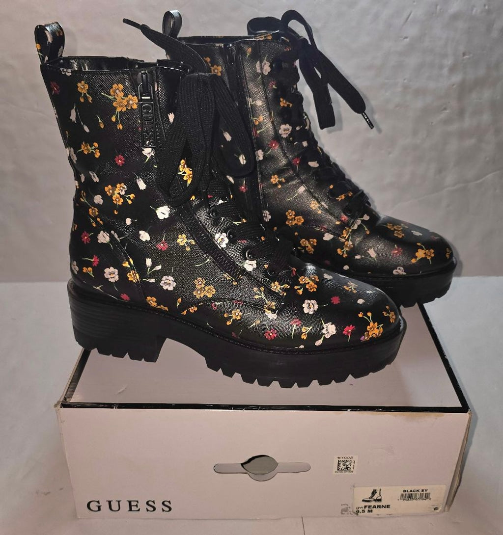 Women's Guess Fearne Floral Leather Combat Boots Size 9 1/2 Black