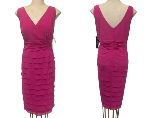 Women's S.L. Fashions Midi Dress SZ 14 Magenta Pink Ruffle Tier Cocktail Evening