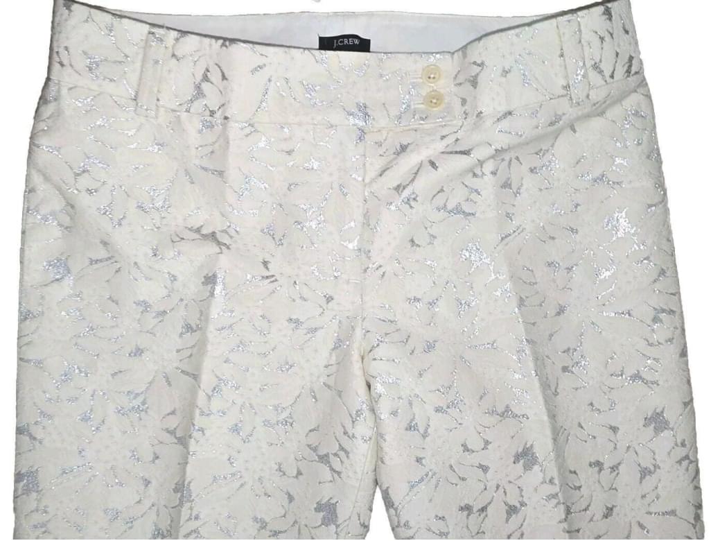 NWT J. Crew City Fit Silk Cotton Blend Pants Ivory Silver Floral Detail Size 8