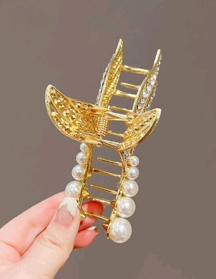 Gold Mermaid Fishtail Jumbo Faux Pearl Rhinestone Hair Clip