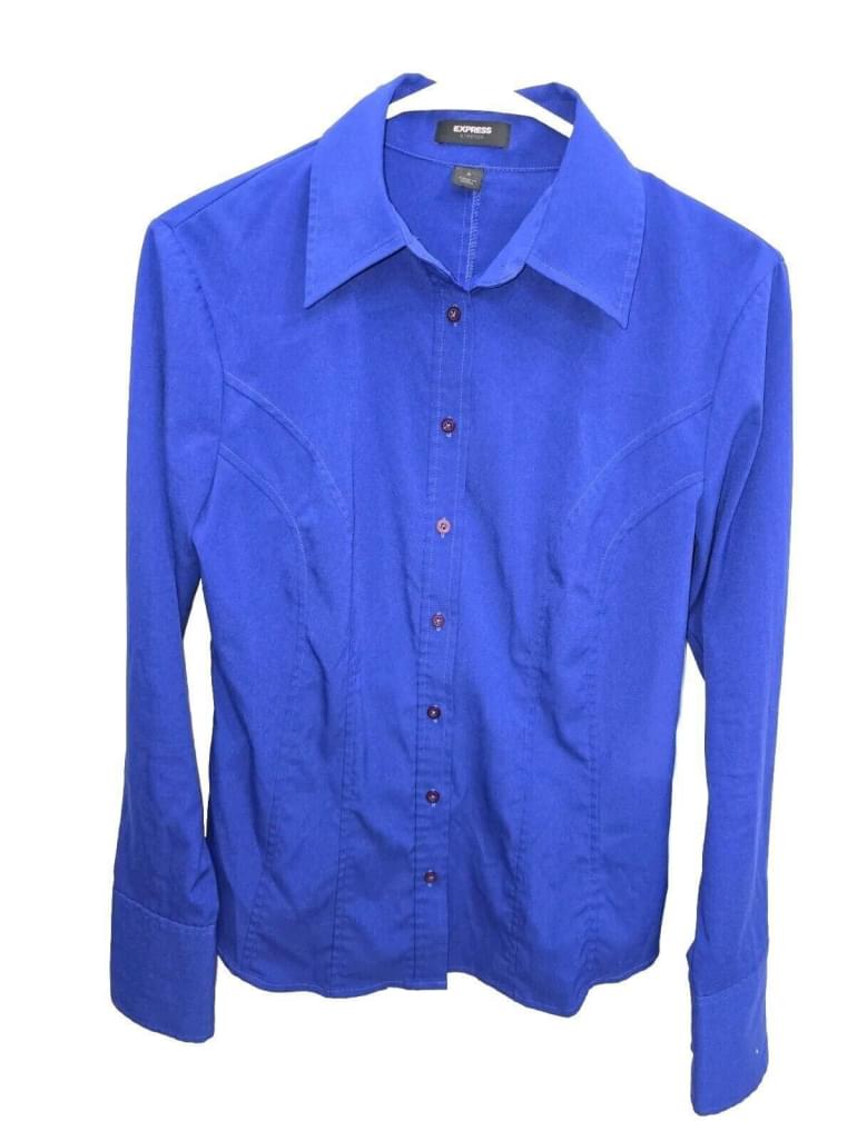 EXPRESS Stretch Fitted Button Up Shirt Sz 8 ROYAL Blue Long Sleeve Classic