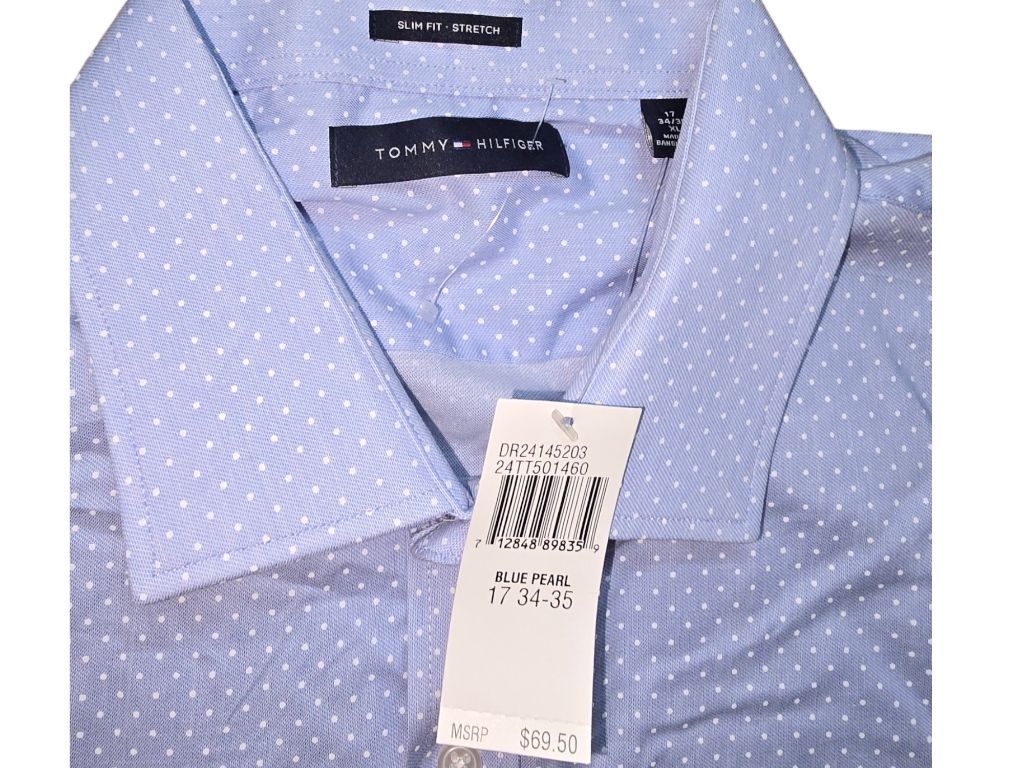 Men's Tommy Hilfiger Blue Slim Fit Stretch Shirt 17.5 34/35 NEW MSRP $69.50