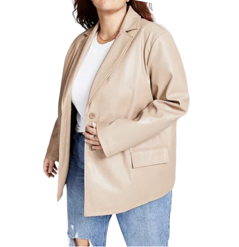 Women's And Now This Trendy Plus Size Long Faux-Leather Blazer 3X Oversized Beig