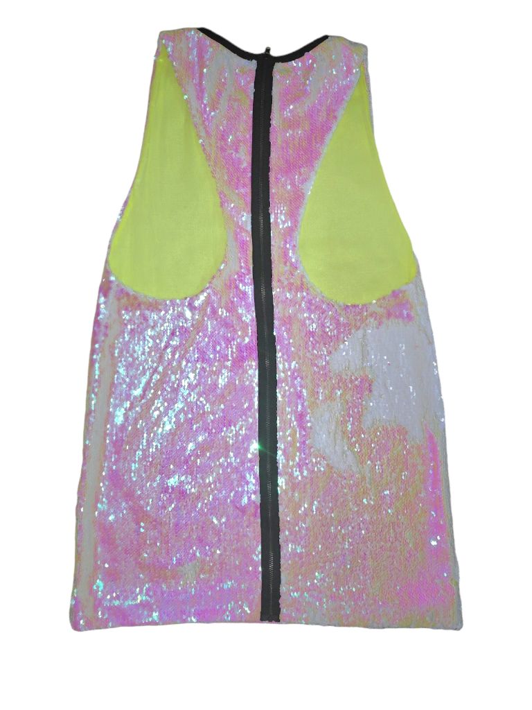 Lashes Pink White Sequin Neon Yellow Dress Open Zipper Back Size 8