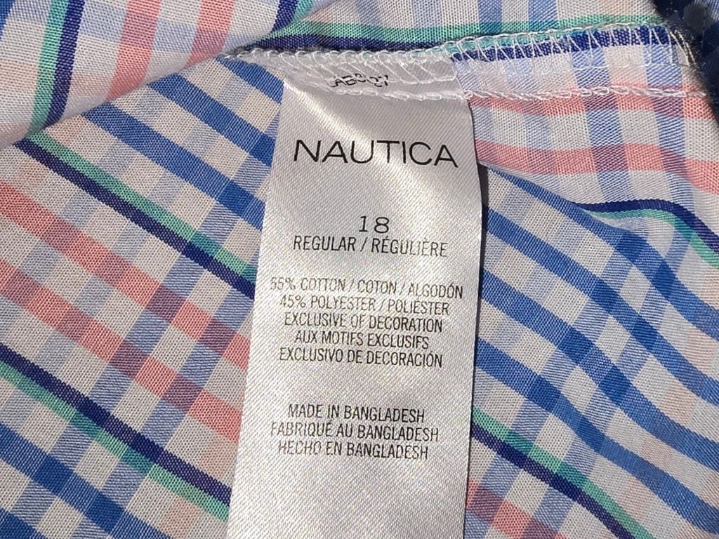 Boys Nautica Blue Pink Green Plaid Button Down Shirt Size 18 Long Sleeve