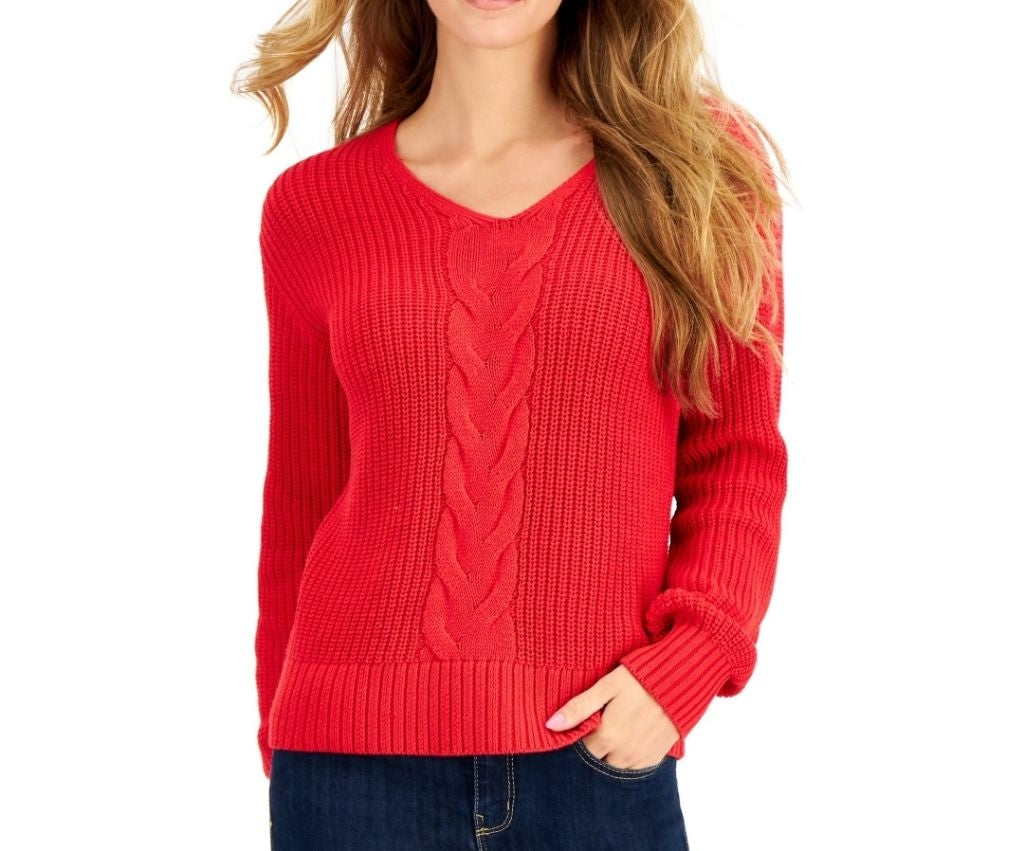 Women's Style & Co Cable Knit Front V-Neck Sweater Size XL MSRP $50 Red