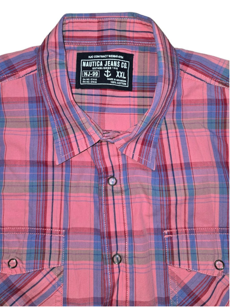 Vintage Men's Nautica XXL Pink Plaid Western Snap Button Short Sleeve Shirt