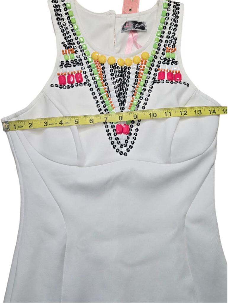 Women's Lipsy London Dress White Beaded Neon Multi Bodycon Fitted US 8