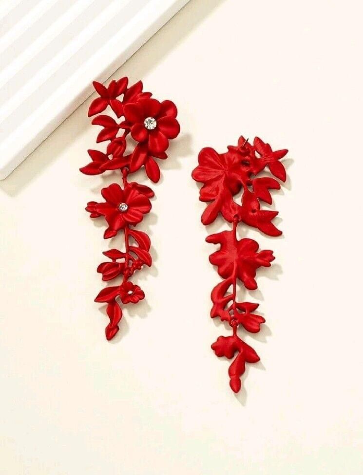 Fashion Women Red Cz Faux Diamond Flower Drop Long Earings