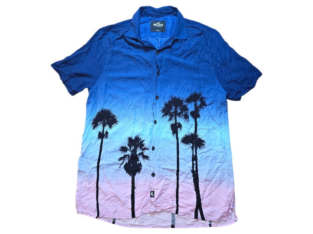 Men's Hollister Blue and Pink Palm Tree Shirt Lightweight Vacation Size L