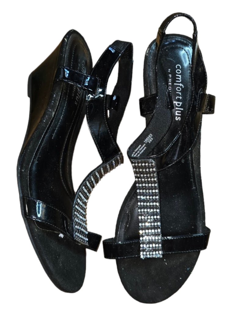 Women's Comfort Plus by Predictions Black Embellished Wedge Sandals SZ 10 WIDE