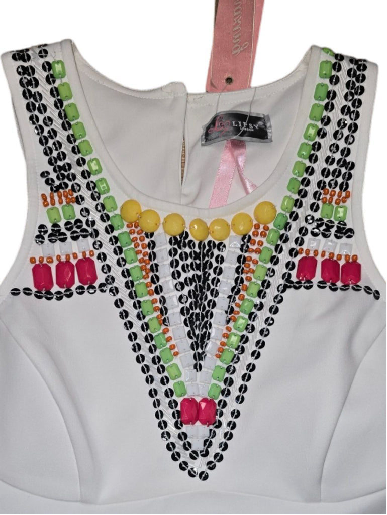 Women's Lipsy London Dress White Beaded Neon Multi Bodycon Fitted US 8