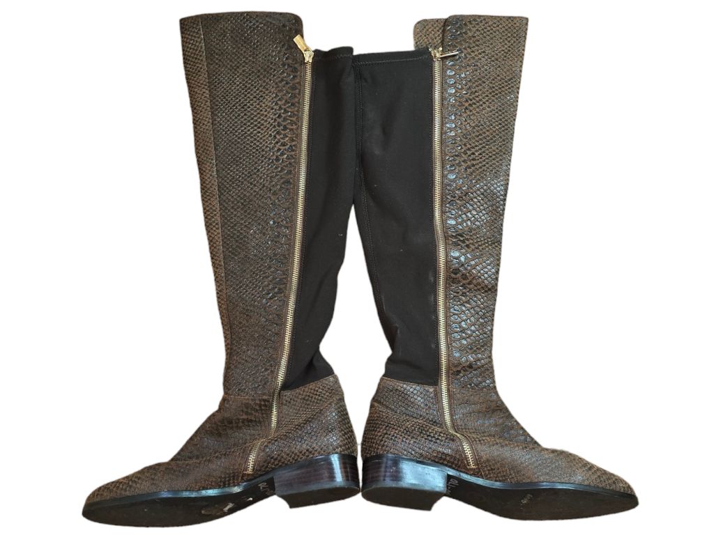 Women's Michael Kors Brown Leather Boots Size 10M Snakeskin Gold Zipper