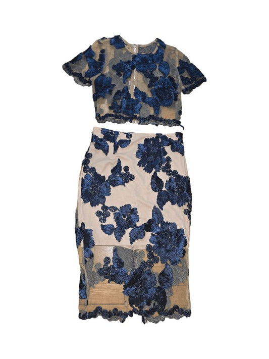 Women's L'ATISTE Blue Floral Embroidered Sheer Two Piece Skirt Set Size S Dress