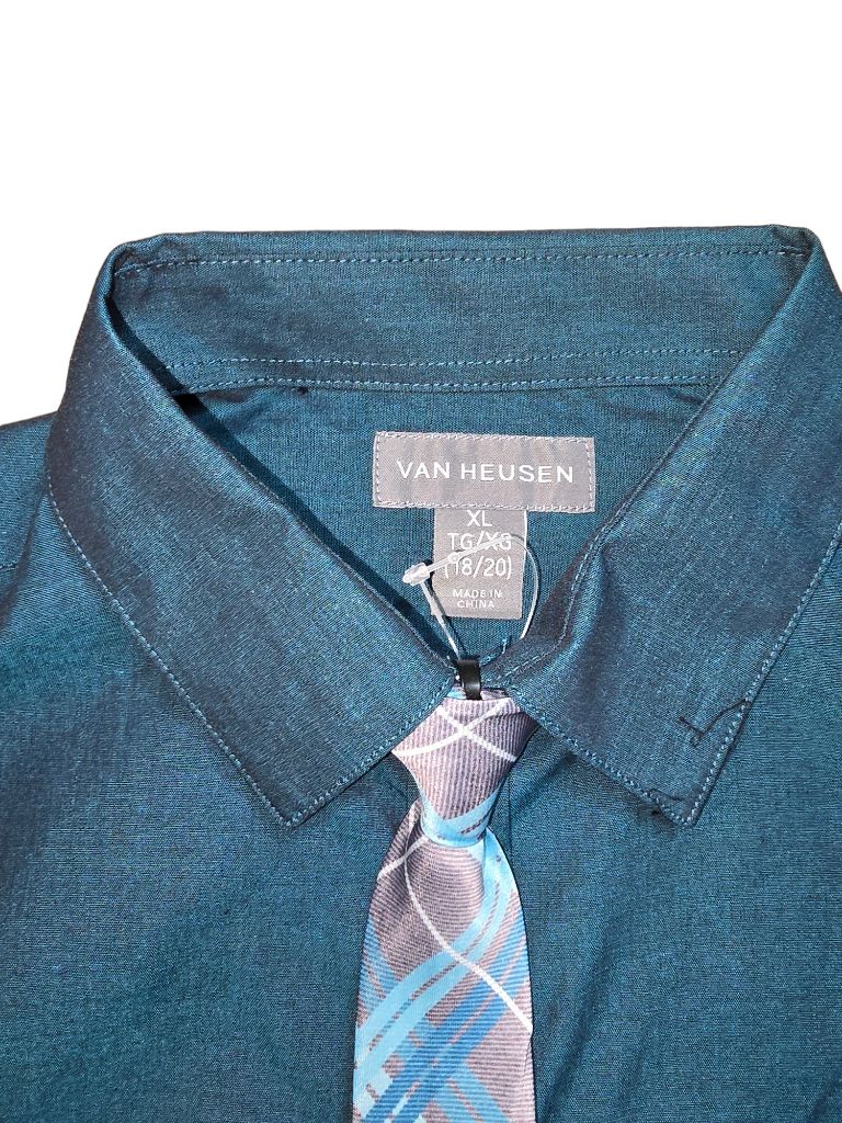 Boy's Van Heusen XL 18/20 Turquoise Green Shimmer Dress Shirt with Clip On Tie