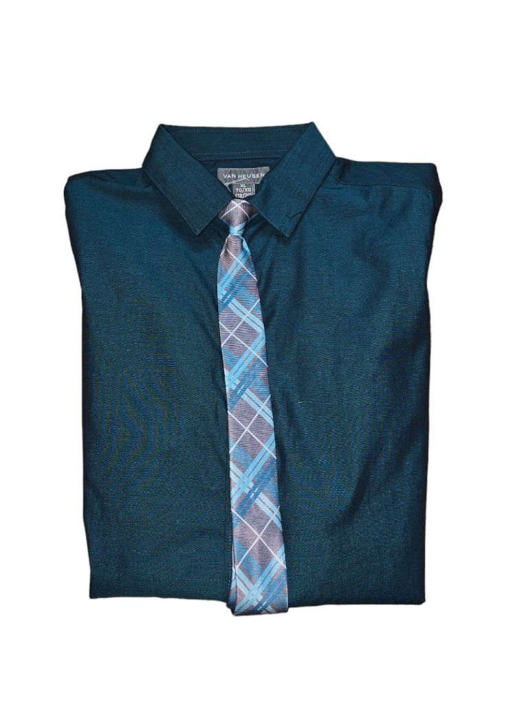 Boy's Van Heusen XL 18/20 Turquoise Green Shimmer Dress Shirt with Clip On Tie