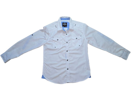 Boys LR Scoop Button Down Shirt Size L (14-16) White Blue Roll Up Sleeve