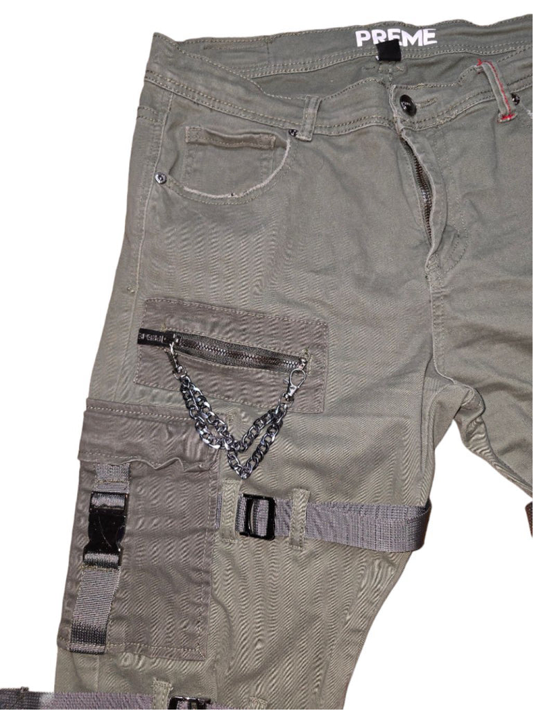 Men's Preme Green Cargo Pants with Chains and Straps Tactical Punk Size 36 X 33