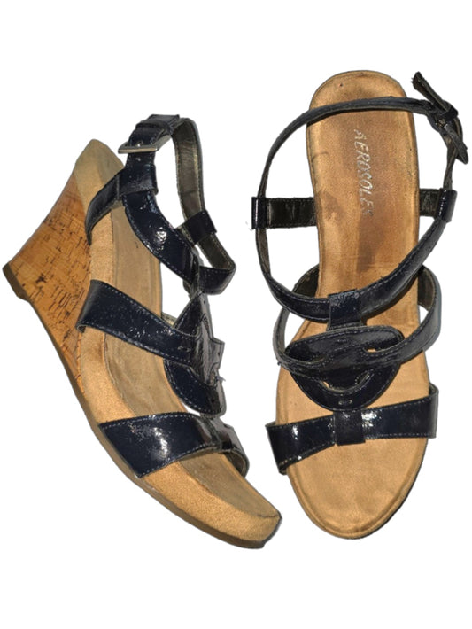 Vintage Women's Aerosoles Sandals, Size 9.5 Leather Navy Blue Cork Wedge Strappy