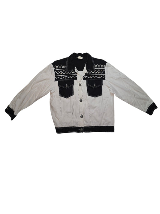 Vintage Women's Saint Germain Paris White & Black Studded Denim Jacket Size L