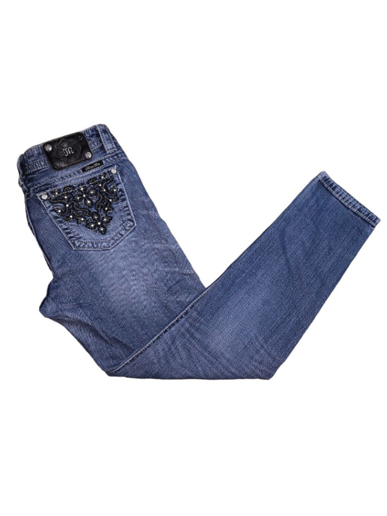 Women's Miss Me Jeans Size 29 X 31 Blue with Black Embellishments Pockets