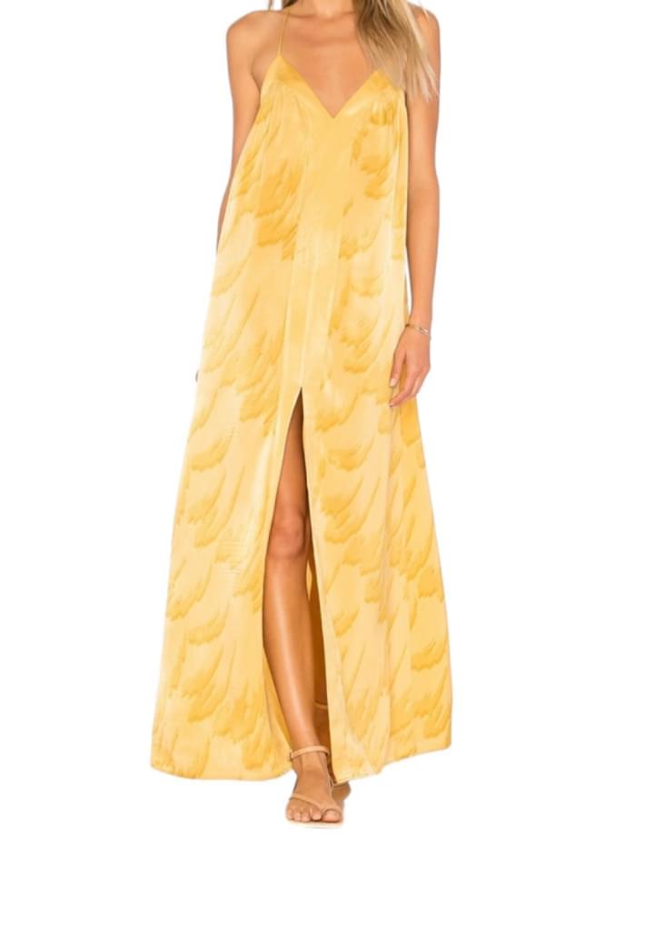 House of Harlow 1960 Revolve Yellow Feather Maxi Brynn Dress Size L MSRP $208