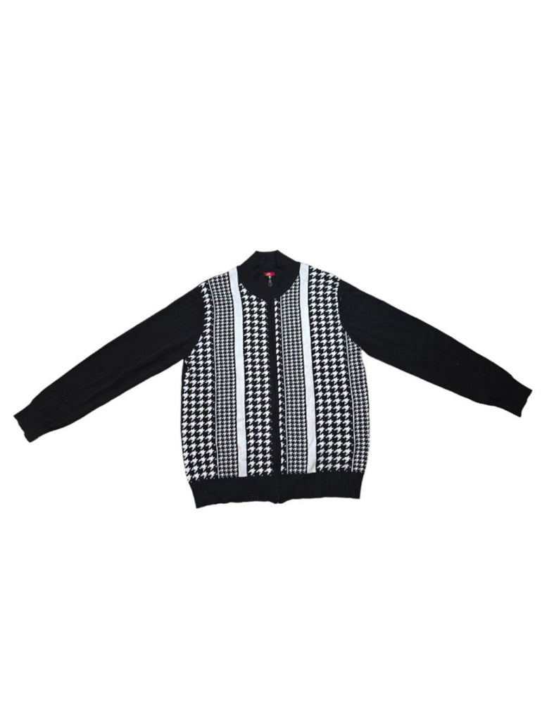 Men's R. Lewis Black and White Houndstooth Zip Cardigan Sweater XL