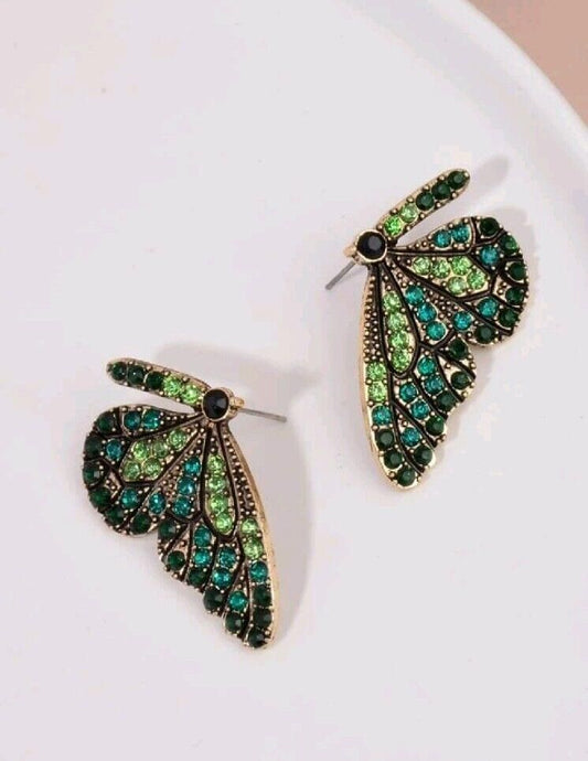 Green Turqoise Crystal Butterfly Gold Metal Earrings