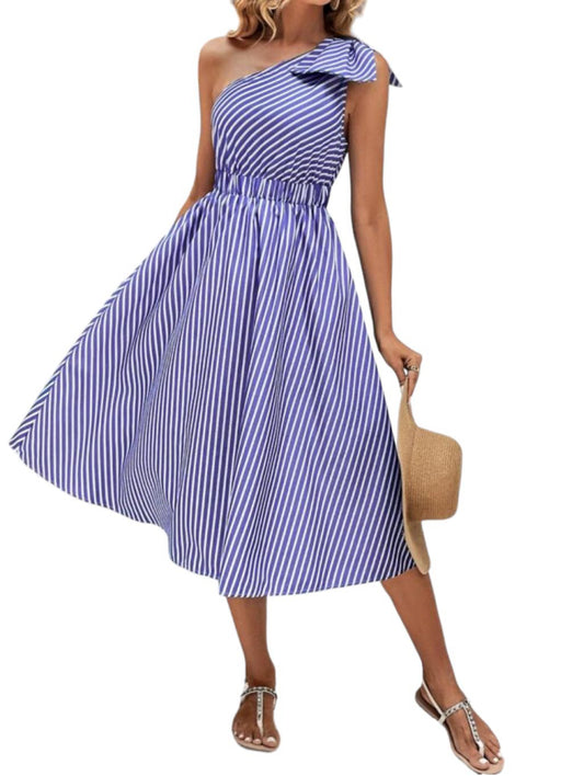 Women ECI Dress Blue White Striped Size 10 One Shoulder Bow Detail Fit & Flare