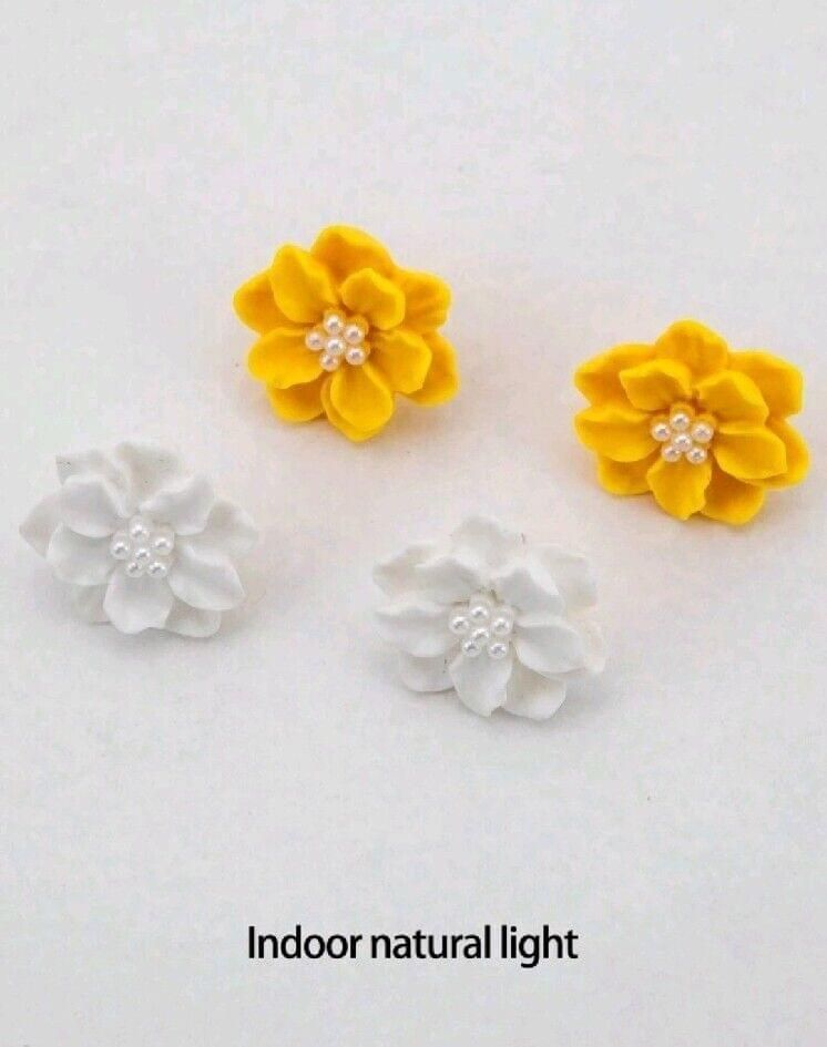 Set Yellow White Camellia Flower Earrings Studs Spring Summer Autumn