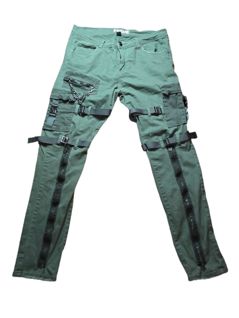 Men's Preme Green Cargo Pants with Chains and Straps Tactical Punk Size 36 X 33