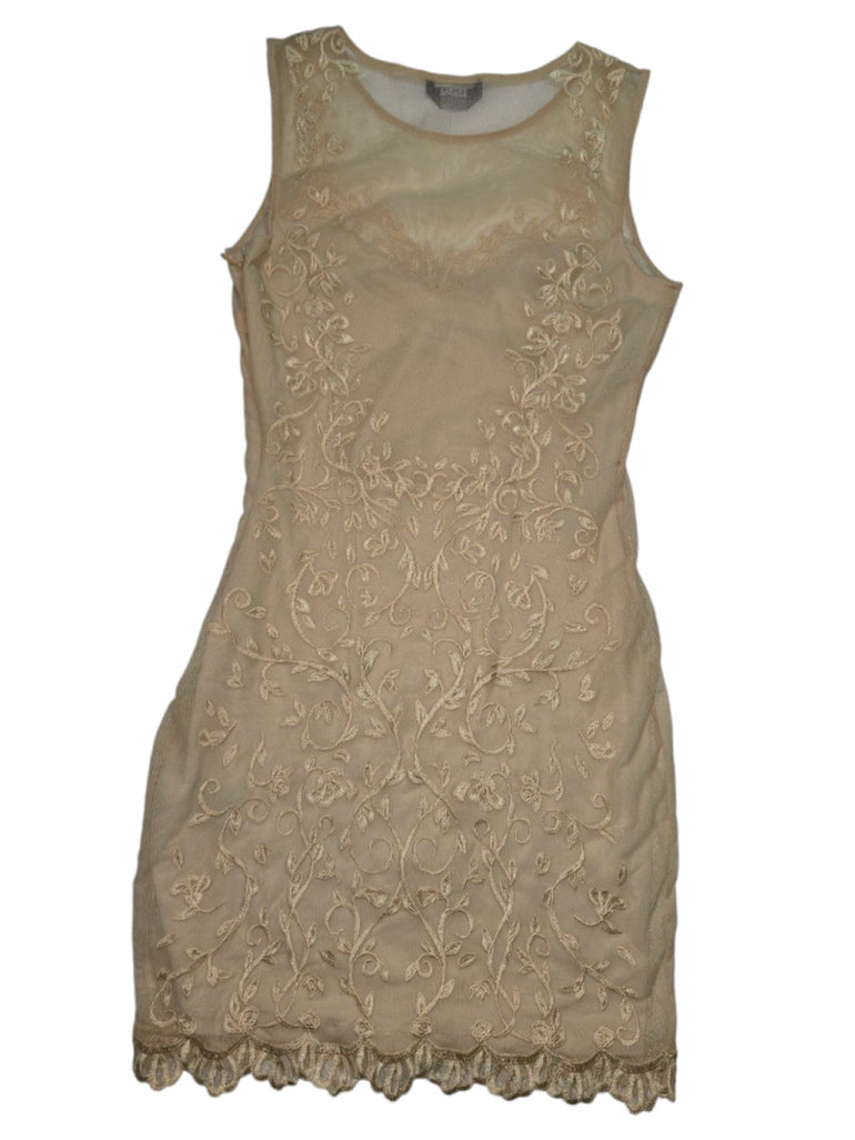 Vintage Y2K Women Bebe Nude Lace Dress XS Beige Sheer Embroidered Bodycon Mini