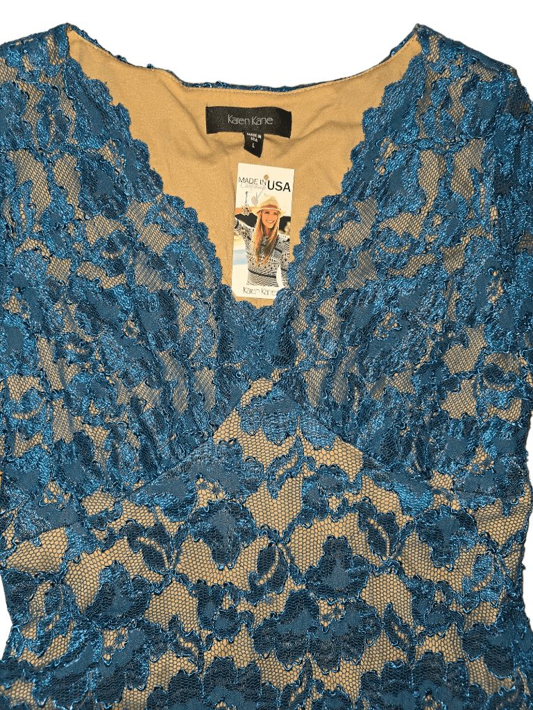 Women's Karen Kane Blue Lace A line Dress Long Sleeve Size L MSRP $108