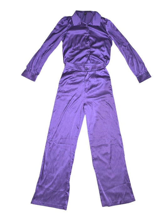 Women's Shein Purple Satin Button Up Shirt and Pants Set Size M