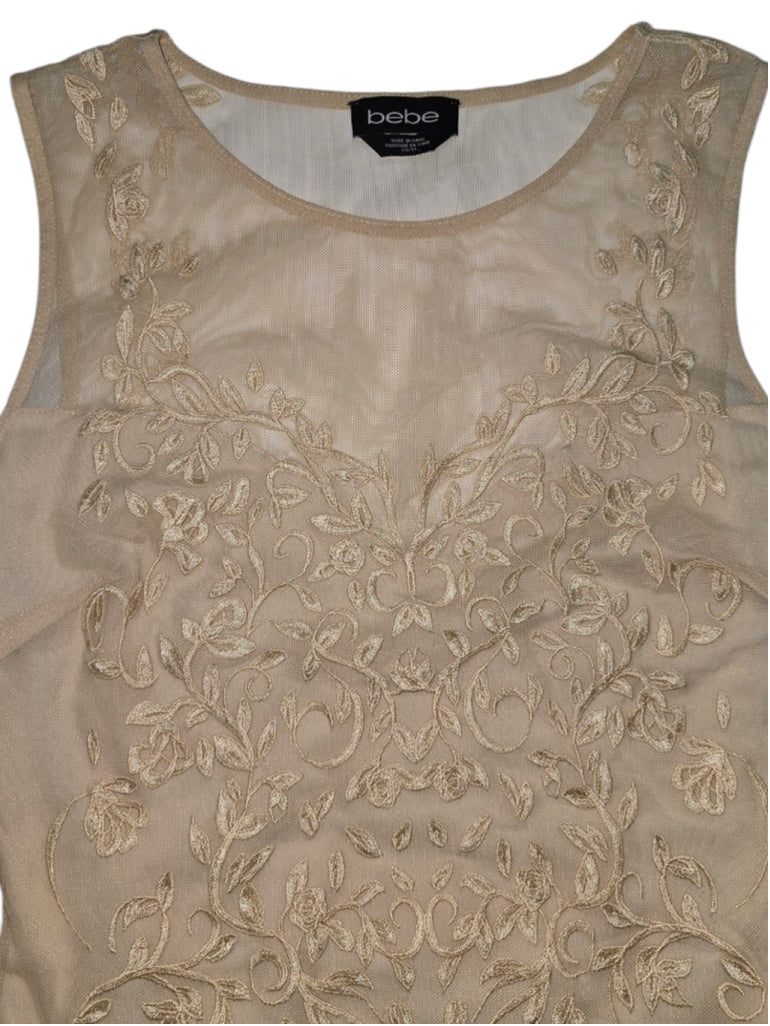 Vintage Y2K Women Bebe Nude Lace Dress XS Beige Sheer Embroidered Bodycon Mini