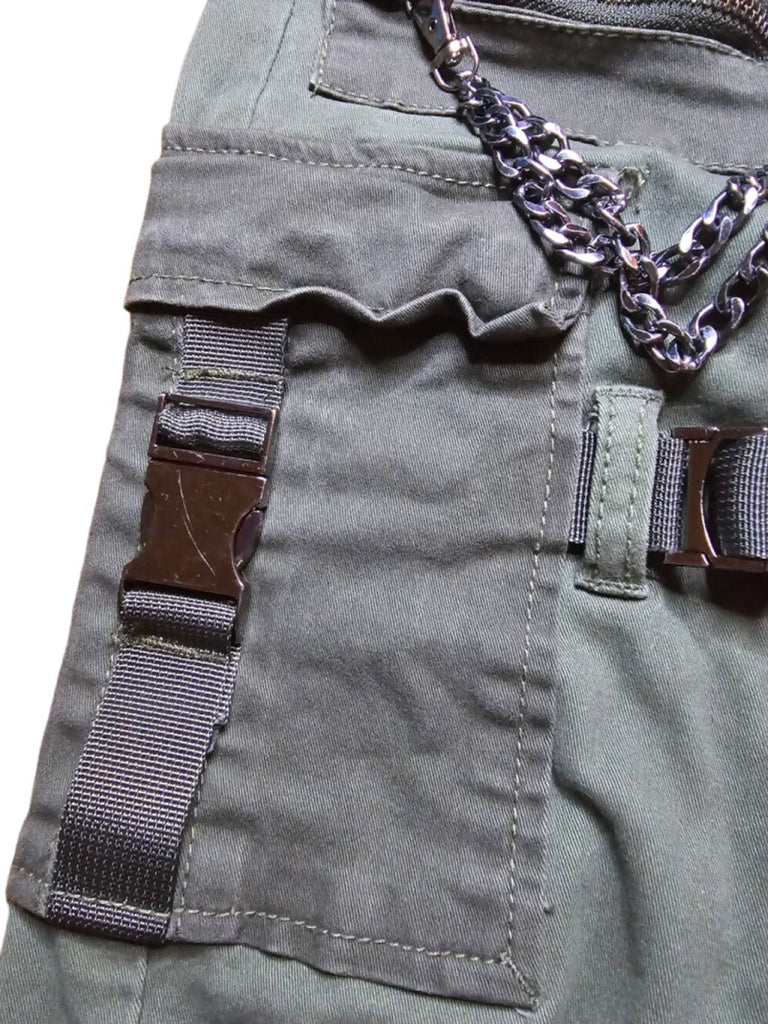 Men's Preme Green Cargo Pants with Chains and Straps Tactical Punk Size 36 X 33