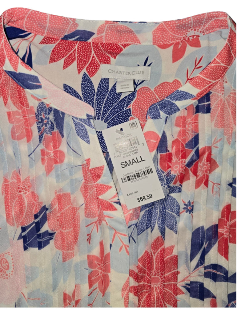 Women's Charter Club Blouse - Small - White & Blue Floral Pleated MSRP $69.50