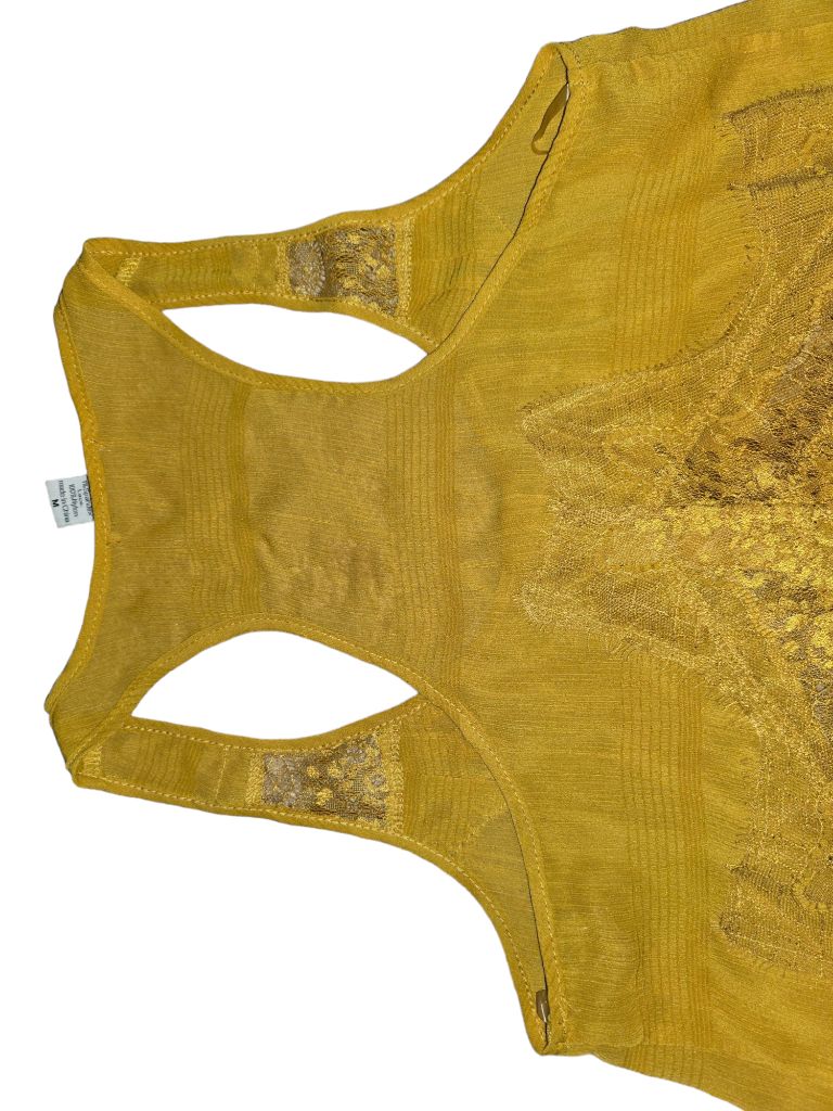 Women's Bar III Mustard Yellow Lace Trim Sheer Tank Top - Size M