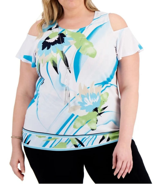 JM Collection Plus Size Necklace Cold-Shoulder White Floral Top Size 2X MSRP $64