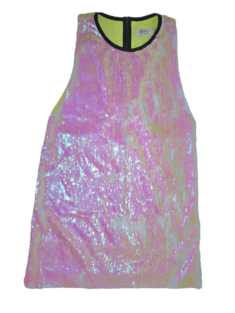 Lashes Pink White Sequin Neon Yellow Dress Open Zipper Back Size 8