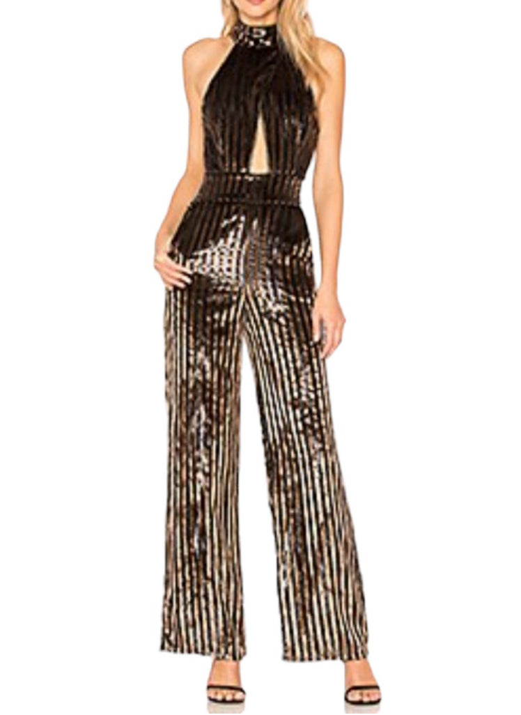 REVOLVE House of Harlow 1960 Black and Gold Striped Sequin Jumpsuit - Size XXS