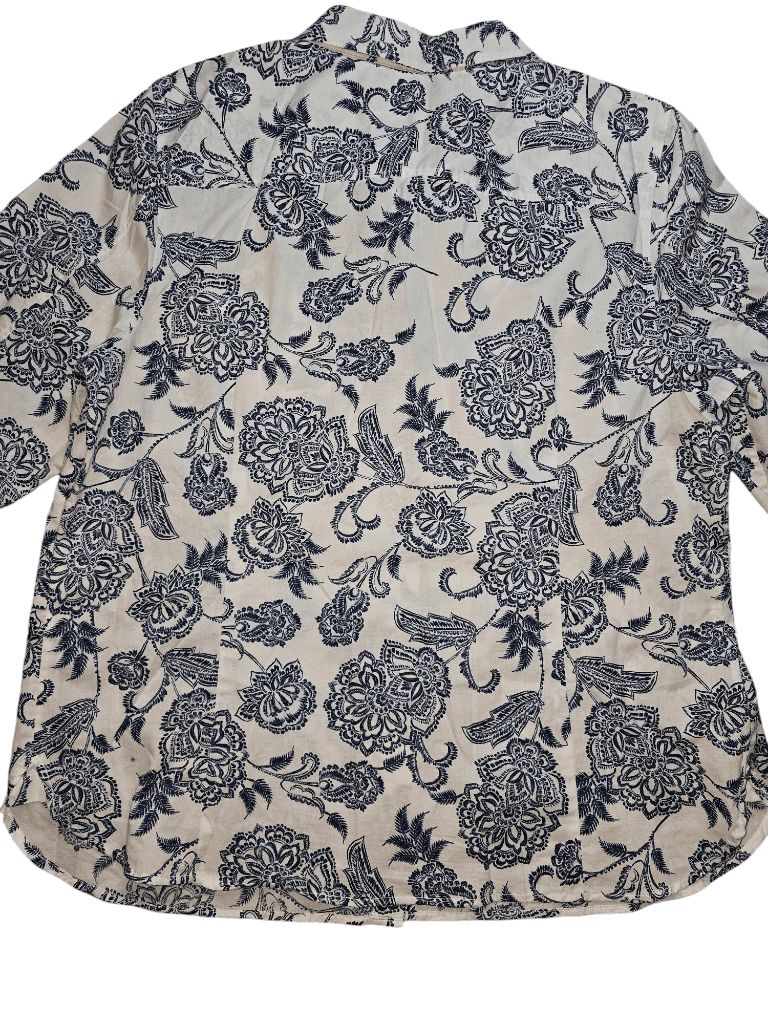 Women's Tommy Hilfiger Blue and White Roll Tab Floral Button Blouse Size XL